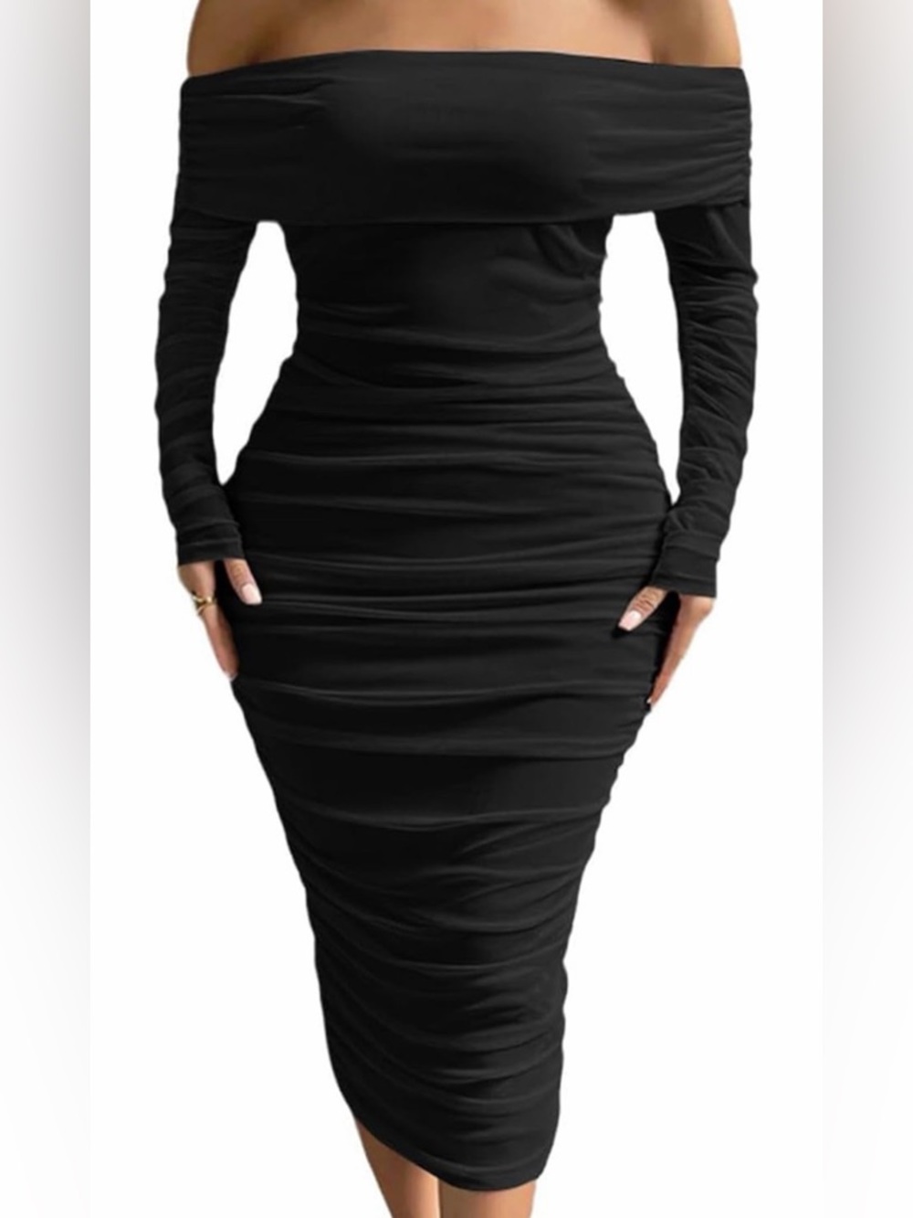 Black Off-Shoulder Long Sleeve Ruched Midi Dress